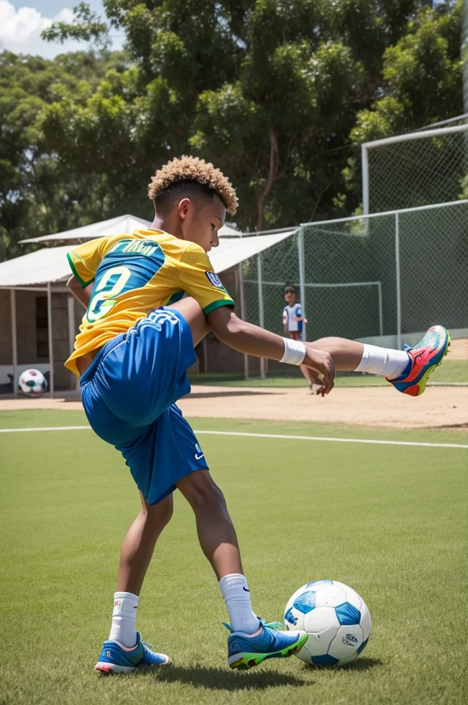 A 13-year-old boy playing Neymar in his backyard, kicking the ball or dribbling for him to be erased in Brazil in Bahia