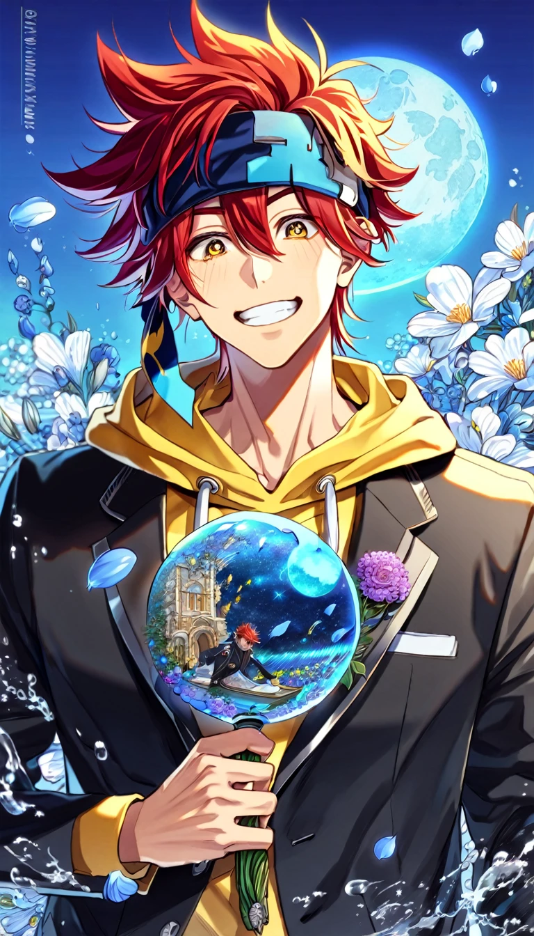 absurdres, highres, ultra detailed, HDR, master piece, Kyan Reki, red hair, expressive amber eyes, yellow hoodie, blue headband, black jacket, SK8 the infinity, sexy man, handsome, best quality, blue moon, flowers, fantasy, magical, solo, water, blue shining fireflies, blue petals, handsome smile