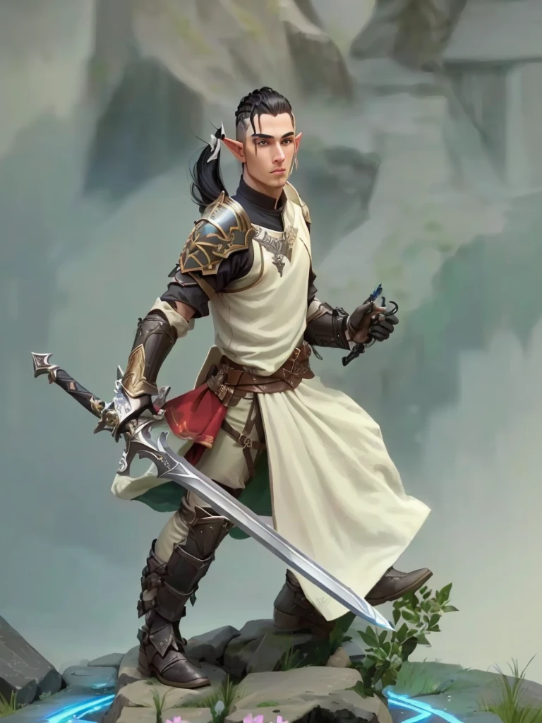 a closeup of a man with a sword, Male elf ranger, picture of a male cleric, male elf, viking hair, black hair, shaved on the sides, cleric, male paladin, Stylized Fantasy STL Miniature, elf male, a human male paladin, painted action figure, male half-elf, Elf Knight, beautiful male elf, male wood elf rogue