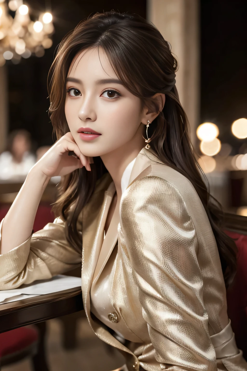 masterpiece, Highest quality, Realistic, Very detailed, Finer details, High resolution, 8k wallpaper, One beautiful woman, Wear a nice suit, In a great restaurant, At night, Light brown messy hair, Perfect dynamic composition, Beautiful and beautiful eyes、Big earrings、Sit on a chair、