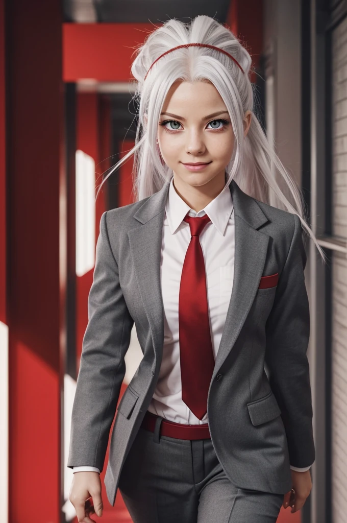 Screenshot of boku no hero academia, beautiful woman, straight white hair with a red gradient at the ends, slanted eyes, Red eyes, blushing and excited expression on face, uniform gray coat red tie, walking, school hallway background, looking at the camera from below, low angle.