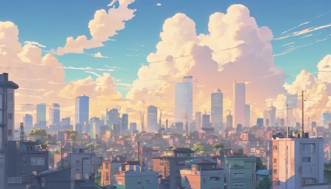Create a set of abstract shapes inspired by a lofi anime cityscape, with stylized buildings, television antennas, lampposts and clouds of soft smoke, to be used as an animated background in After Effects. por Makoto Shinkai, ( ( makoto shinkai ) ), makoto shinkai'
