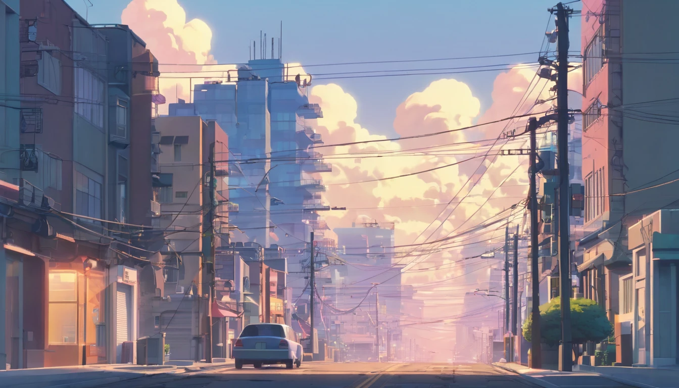 Create a set of abstract shapes inspired by a lofi anime cityscape, with stylized buildings, television antennas, lampposts and clouds of soft smoke, to be used as an animated background in After Effects. por Makoto Shinkai, ( ( makoto shinkai ) ), makoto shinkai&#39