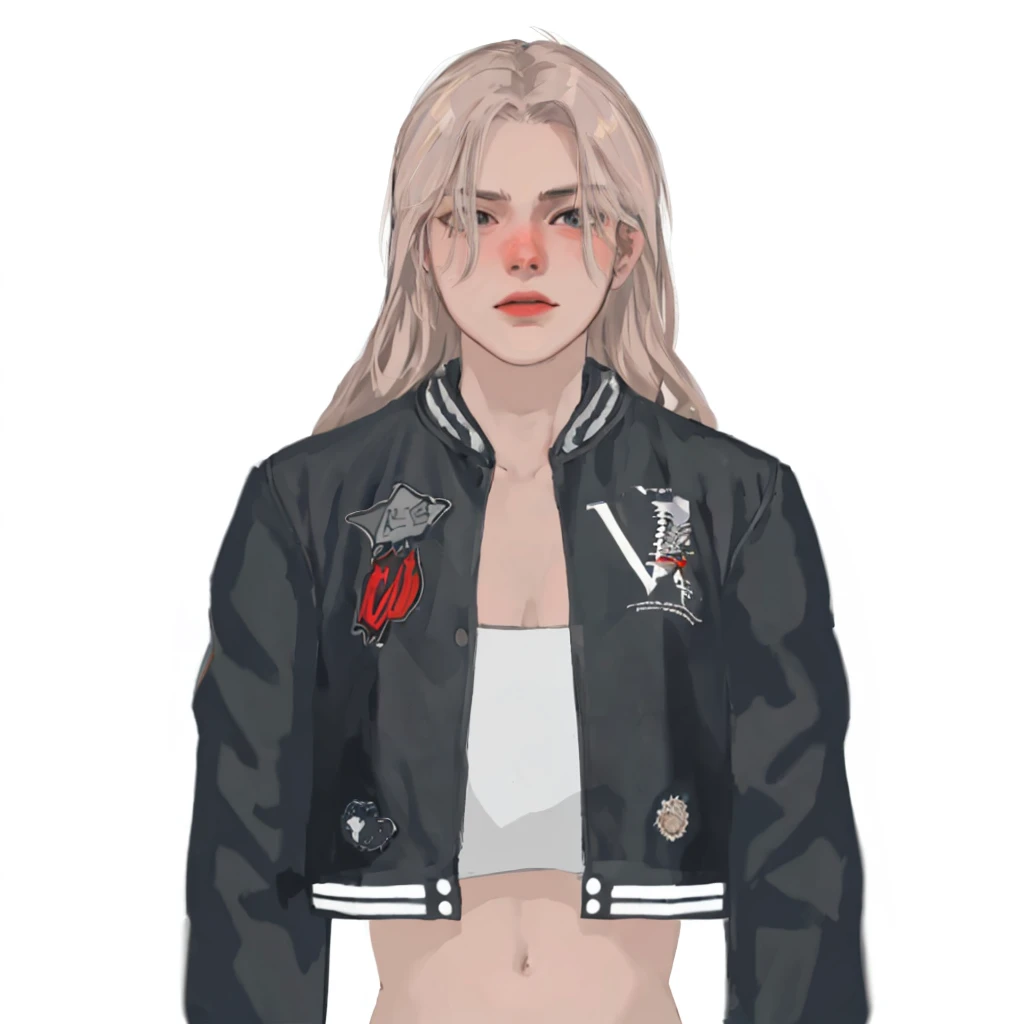 (masterpiece:1.2, best quality), (1women, solo, upper body:1.2),flat face,Hair: buzz cut, Clothing: oversized, distressed denim jacket with patches and pins, paired with black skinny jeans and combat boots, Hanging out in an underground music venue or street art exhibit