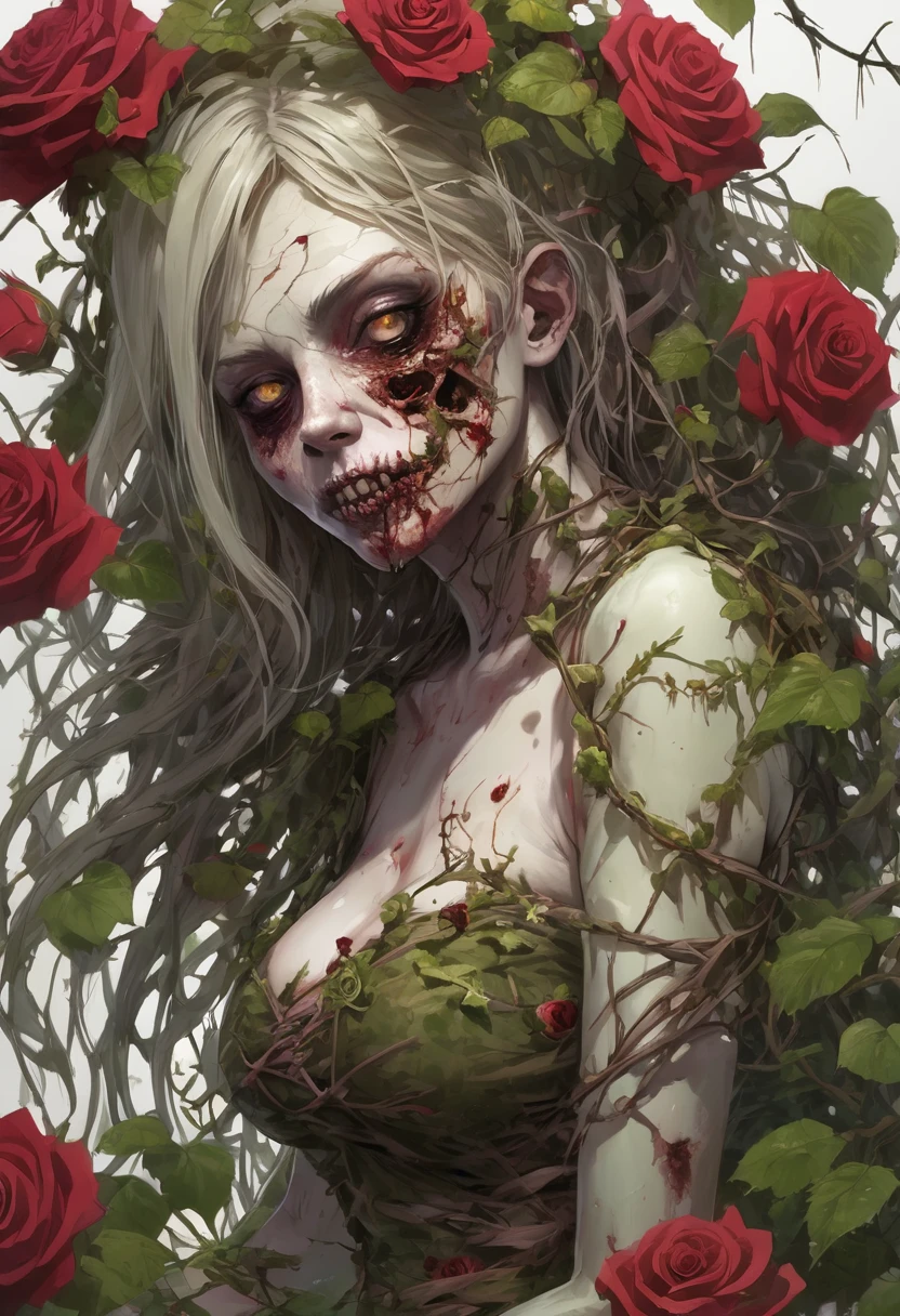 Thorny rose vines entwining around the body of a female zombie:2.0、Wearing a dirty and damaged floral dress、Detailed decayed eyes、Detailed collapsed lips、Highly detailed skull-like face、Pale grass-colored skin、Sunken eye sockets、Big Breasts、Big Butt、The skin of the female zombie&#39;s body is marred by rose thorns、(A struggling female zombie holds up her arms to show her armpits:1.4)、Dark and gritty、Cinematic lighting、High contrast、Gloomy atmosphere、Super detailed、8K、Photorealistic、masterpiece、Horror、Gothic、victorianstyle