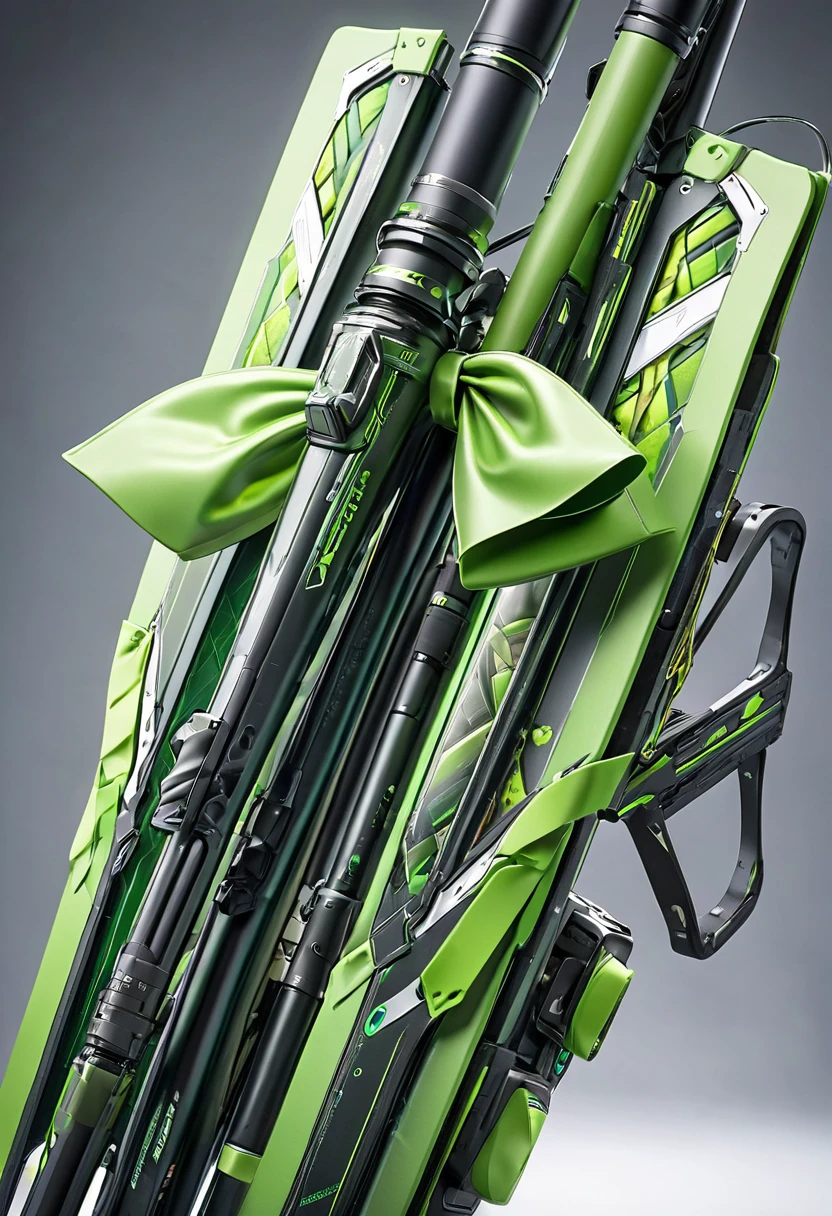 a green high tech bow that has a high tech quiver behind it