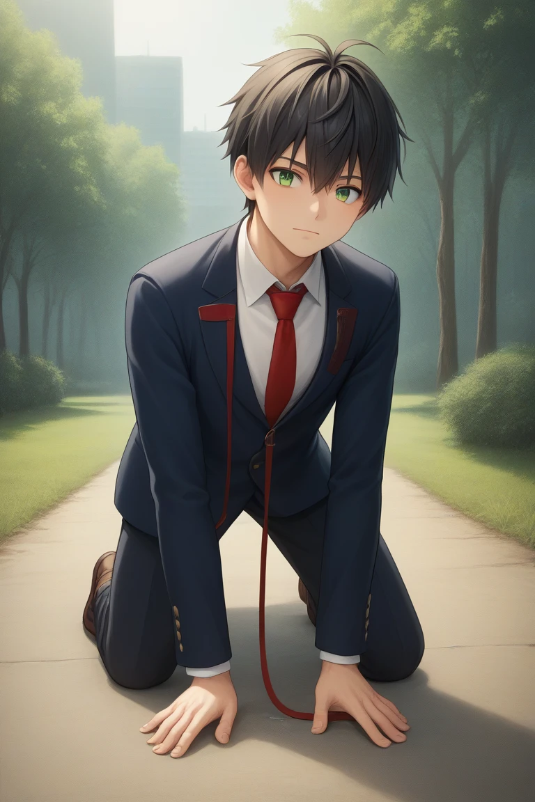 score_9, score_8_superior, score_7_superior, sauce_anime, evaluation_Safety, , Semi-realistic, View your viewers,, One boy, alone, Male Focus, Naofumi_Iwatani, Black Hair, Green Eyes, short hair, Hair between the eyes, bangs,  blazer,Red tie,Collar with leash,On all fours,Outdoor