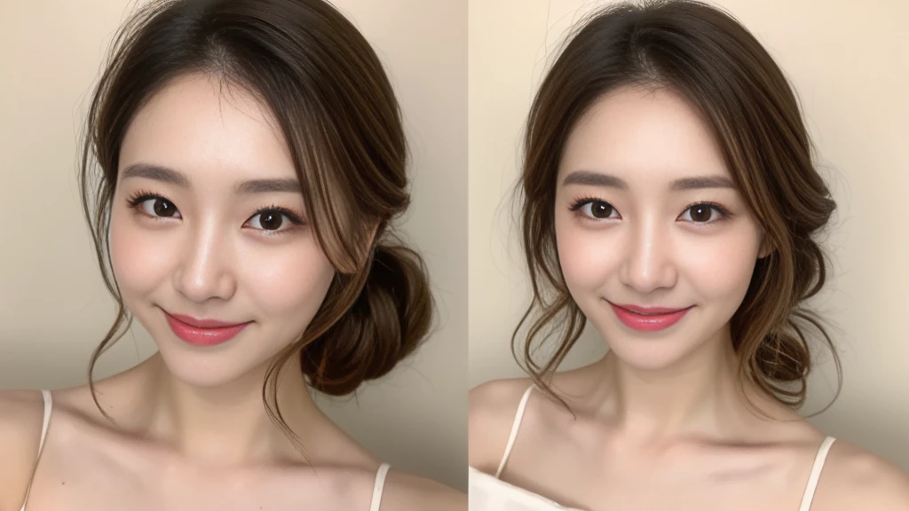 ((Best image quality, 8K, masterpiece:1.3)), One girl, Beautiful woman with slim abs:1.3, (Casual Hairstyles, Huge boobs:1.2), Pink off-shoulder, Ultra-fine face, Detailed eyes, double eyelid,smile,Bedridden