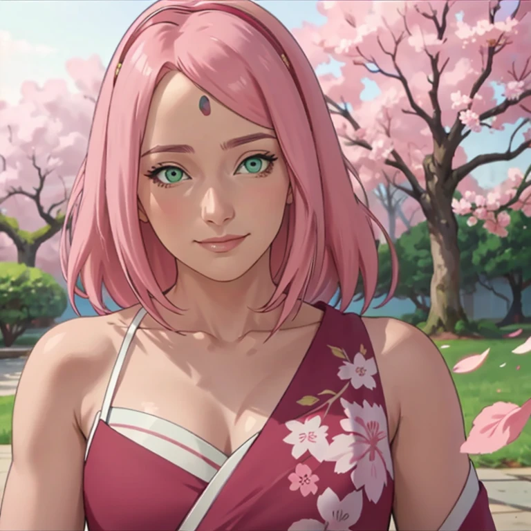 a beautiful detailed portrait of sakura haruno, a young woman with long, flowing pink hair and vivid green eyes, wearing a white hospital gown with the shoulder exposed, revealing her ample bosom, shyly smiling at the viewer against a backdrop of blooming sakura trees with petals drifting in the air, masterpiece, best quality, 8k, photorealistic, cinematic lighting, highly detailed facial features, elegant and sensual