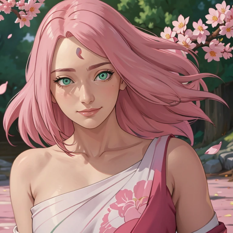 a beautiful detailed portrait of sakura haruno, a young woman with long, flowing pink hair and vivid green eyes, wearing a white hospital gown with the shoulder exposed, revealing her ample bosom, shyly smiling at the viewer against a backdrop of blooming sakura trees with petals drifting in the air, masterpiece, best quality, 8k, photorealistic, cinematic lighting, highly detailed facial features, elegant and sensual