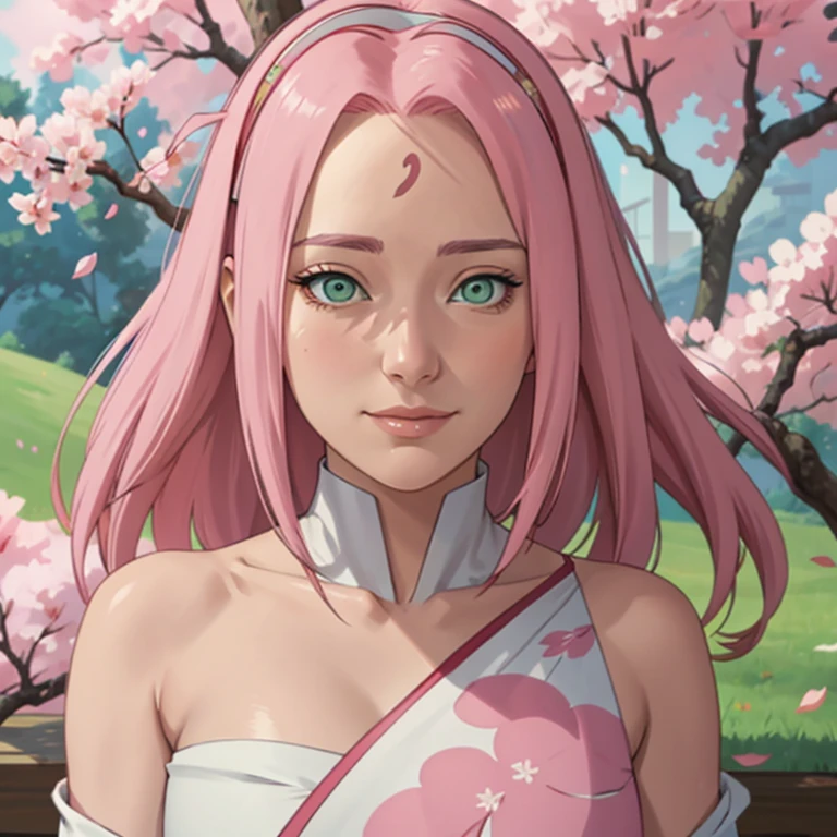 a beautiful detailed portrait of sakura haruno, a young woman with long, flowing pink hair and vivid green eyes, wearing a white hospital gown with the shoulder exposed, revealing her ample bosom, shyly smiling at the viewer against a backdrop of blooming sakura trees with petals drifting in the air, masterpiece, best quality, 8k, photorealistic, cinematic lighting, highly detailed facial features, elegant and sensual