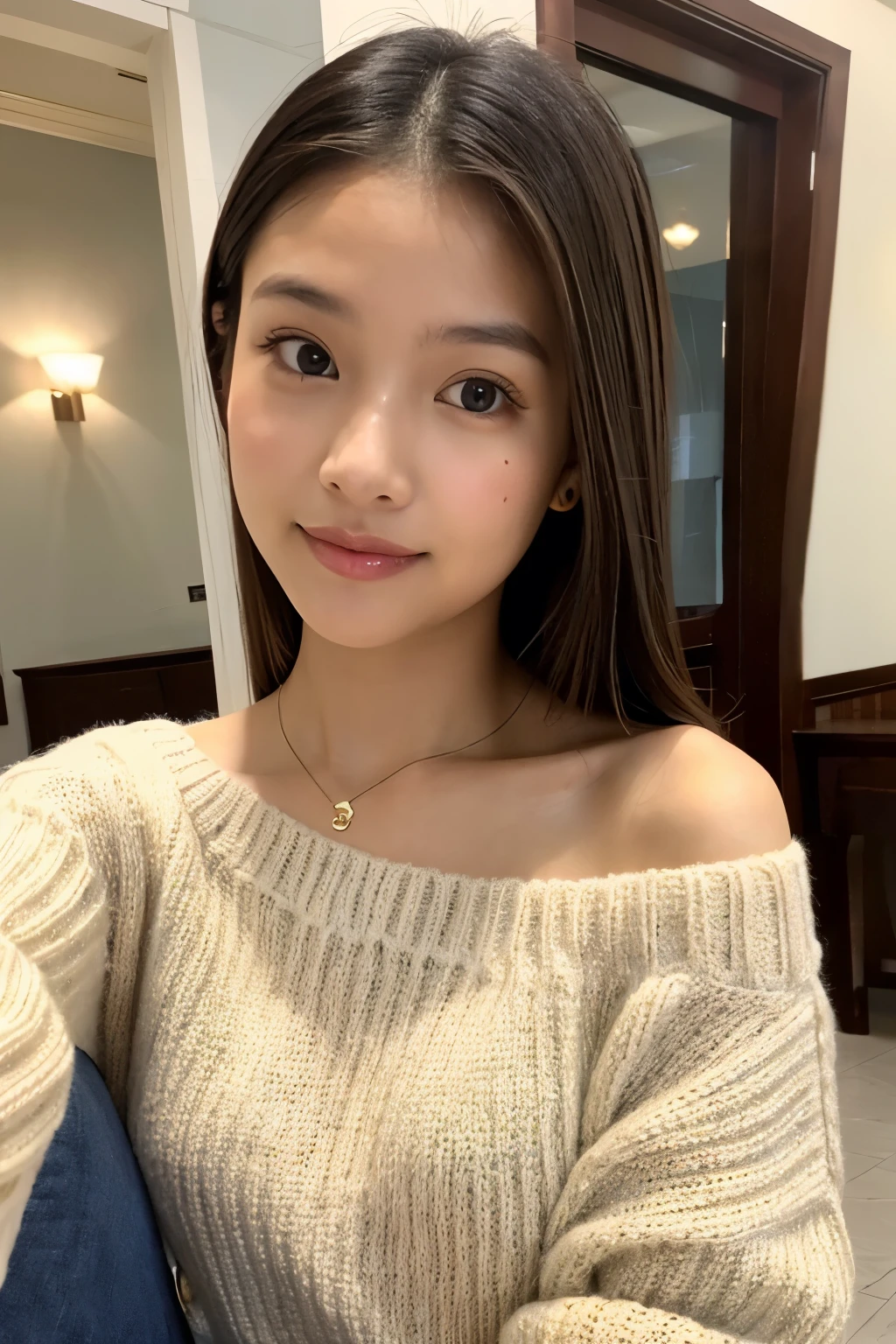((best quality)), ((masterpiece)), (detailed), 1girl, off-shoulder sweater, a selfie of a pretty young JAVANESE woman, taken with iphone camera