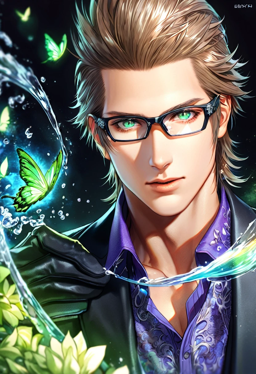 absurdres, highres, ultra detailed, HDR, master piece, best quality, extremely detailed, Ignis Scientia, brown hair, glasses with black frames, expressive green eyes, Final Fantasy XV, solo, sexy man, handsome, black jacket, purple shirt, black gloves, fantasy, magic, sparkling, water, moon, green flowers, green butterflies