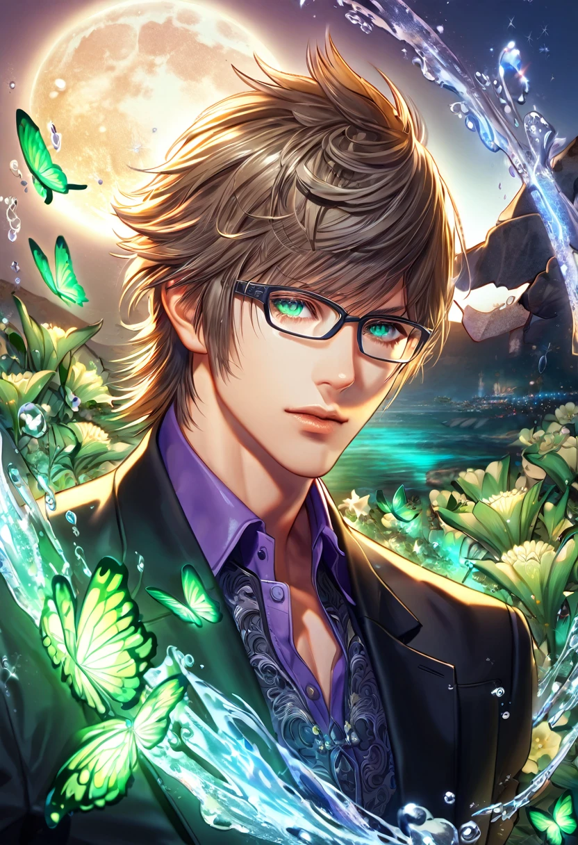 absurdres, highres, ultra detailed, HDR, master piece, best quality, extremely detailed, Ignis Scientia, brown hair, glasses with black frames, expressive green eyes, Final Fantasy XV, solo, sexy man, handsome, black jacket, purple shirt, black gloves, fantasy, magic, sparkling, water, moon, green flowers, green butterflies