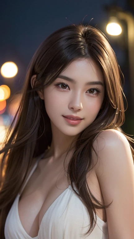 (highest quality,masterpiece:1.3,A high resolution,),(Very detailed,Caustics),(Photorealistic:1.4,RAW shooting,)Ultra-Realistic Capture,Very detailed,High resolution 16K suitable for human skin,Natural skin texture,Skin tone is even and healthy looking, Use natural light and color,One Woman, Japanese, cute, smile, brown hair,Middle Hair,(Written boundary depth,chromatic aberration,Wide range of lighting、Natural Shading),(outdoor lights at night:1.4),(Hair swaying in the wind:1)