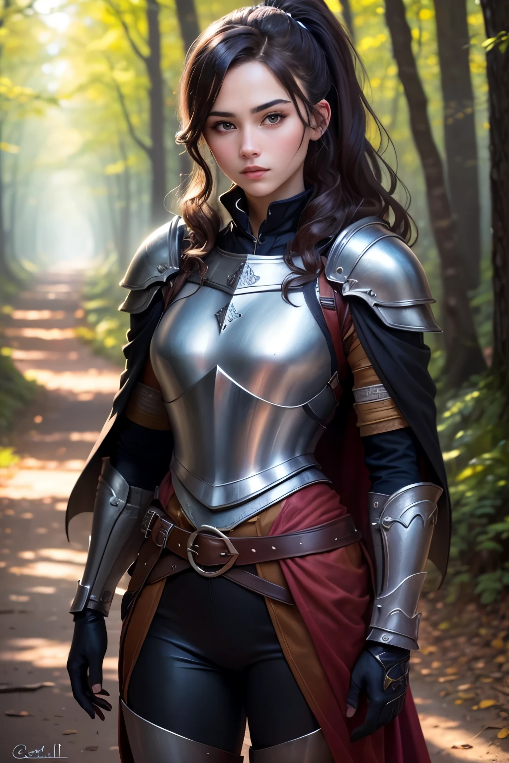 ((best quality)), ((masterpiece)), (detailed), Prize-winning works, with incredible details, maximum textures and details, uhd ,super resolution , 1 portrait of an adventurous brunette warrior fantasy girl ,beautiful  face, standing on a path in a magical forest, cabelo ponytail, developing long hair, wavy, wearing medieval black armor  ,black gauntlets and gloves, black breastplate black leather,black pants, black belts ,black long cape ,fully body (15 year old young man :1.1,detailedeyes, face detailed, whole body:1.1,the background is a forest ),(best qualityer:1.2,ultra detali:1.1,realisitic:1.37) ,eyeshadows,sharp focus,swirly vibrant colors,), (twilight), 8K