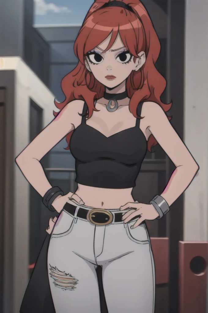 3nvy, 1girl, long hair, red hair, crop top, makeup, jewelry, choker, pants, black choker, solo, belt, bracelet, black eyes, breasts, midriff, black belt, black shirt, striped, earrings, jeans, lipstick, looking at viewer:1.2, hand on own hip, outdoors:1.2