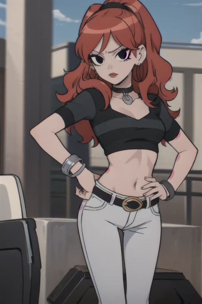 3nvy, 1girl, long hair, red hair, crop top, makeup, jewelry, choker, pants, black choker, solo, belt, bracelet, black eyes, breasts, midriff, black belt, black shirt, striped, earrings, jeans, lipstick, looking at viewer:1.2, hand on own hip, outdoors:1.2