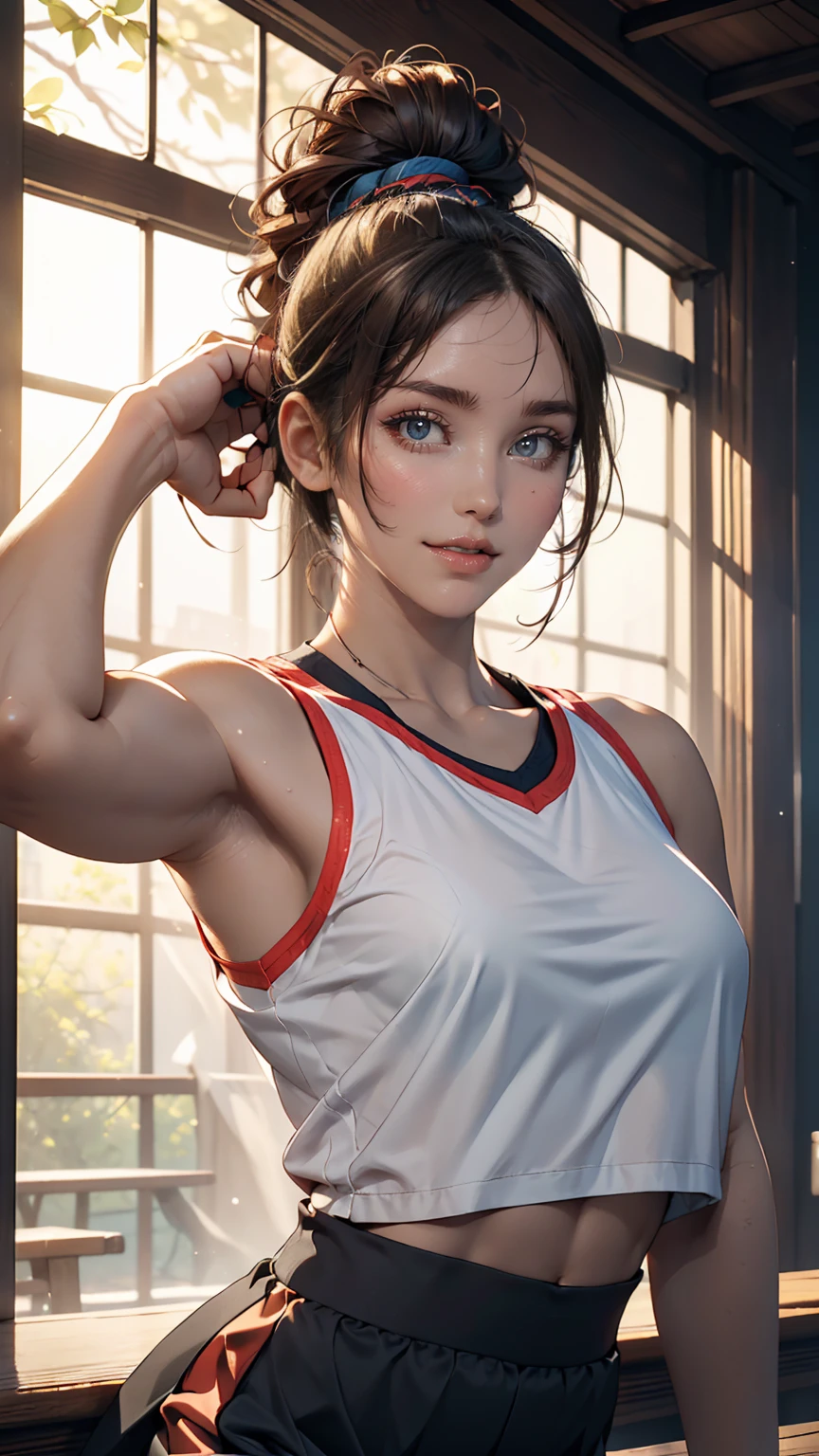 ((最high quality, 8K, masterpiece: 1.3, Ultra HD, high quality, 最high quality, High resolution, realism)) 、Very beautiful 18 year old Japanese woman、Hair  is light brown、black eye、Medium Hair、Straight hair、smile、A slim but well-proportioned muscular body、Athlete-like figure、I&#39;I don&#39;t want my head to disappear from the screen..、sit on a high breakwater on the beach、The blue sky is beautiful、There is a cloud at the entrance、that&#39;summer、I'm wearing a sailor suit、Wearing a navy blue pleated skirt、Wear loafers、There is a road in front of the breakwater.、There is a sign indicating the bus stop.、The sea is beautiful、Beautiful Horizon、 island can be seen offshore