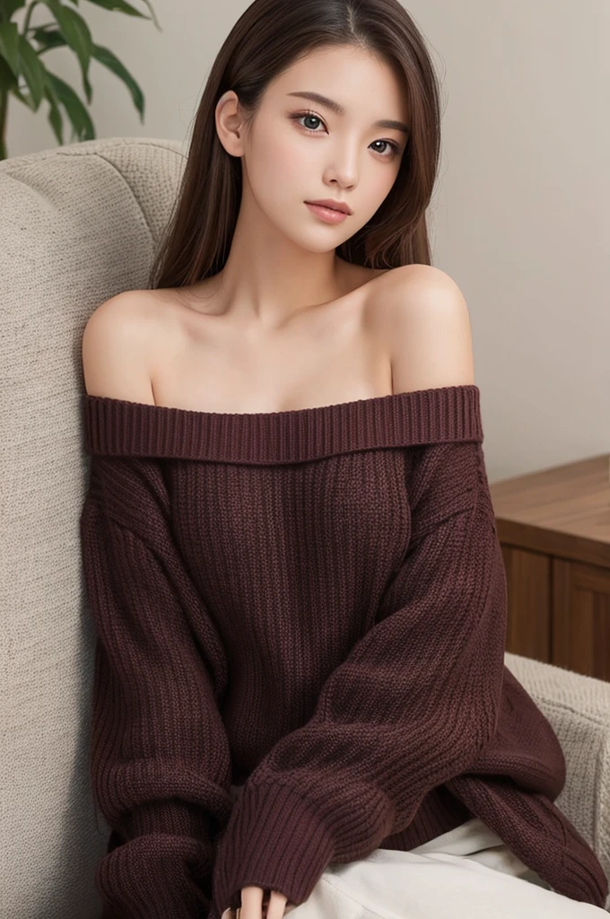 ((Highest quality)), ((masterpiece)), (detailed), One girl, Off-the-shoulder sweater, masturbation