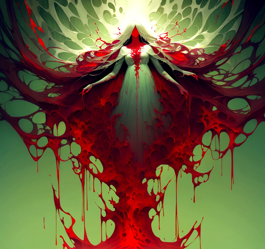 "A green background with realistic red ink dripping from the top, resembling blood. The red ink should be thick and appear to be flowing downwards, creating a dramatic and eerie effect."
