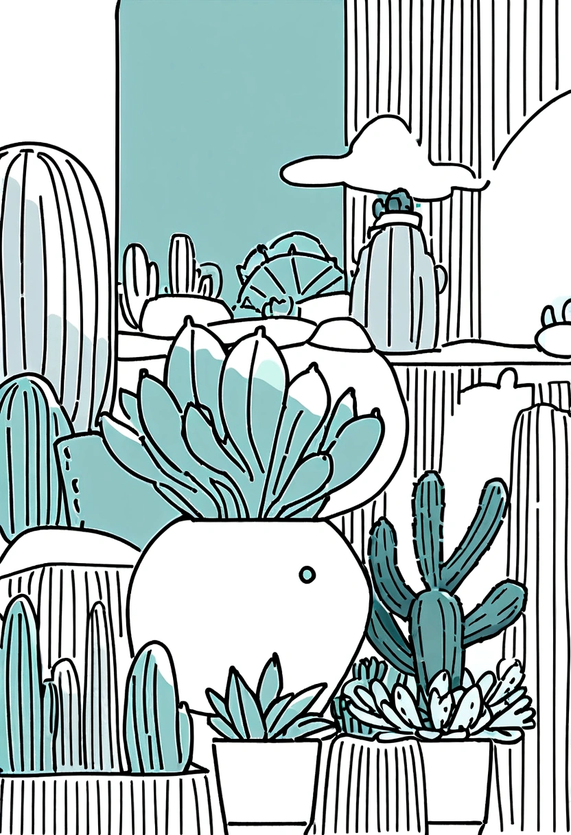 coloring book graphics, black and white only, no shading, clear, crisp lines, succulent and cactus