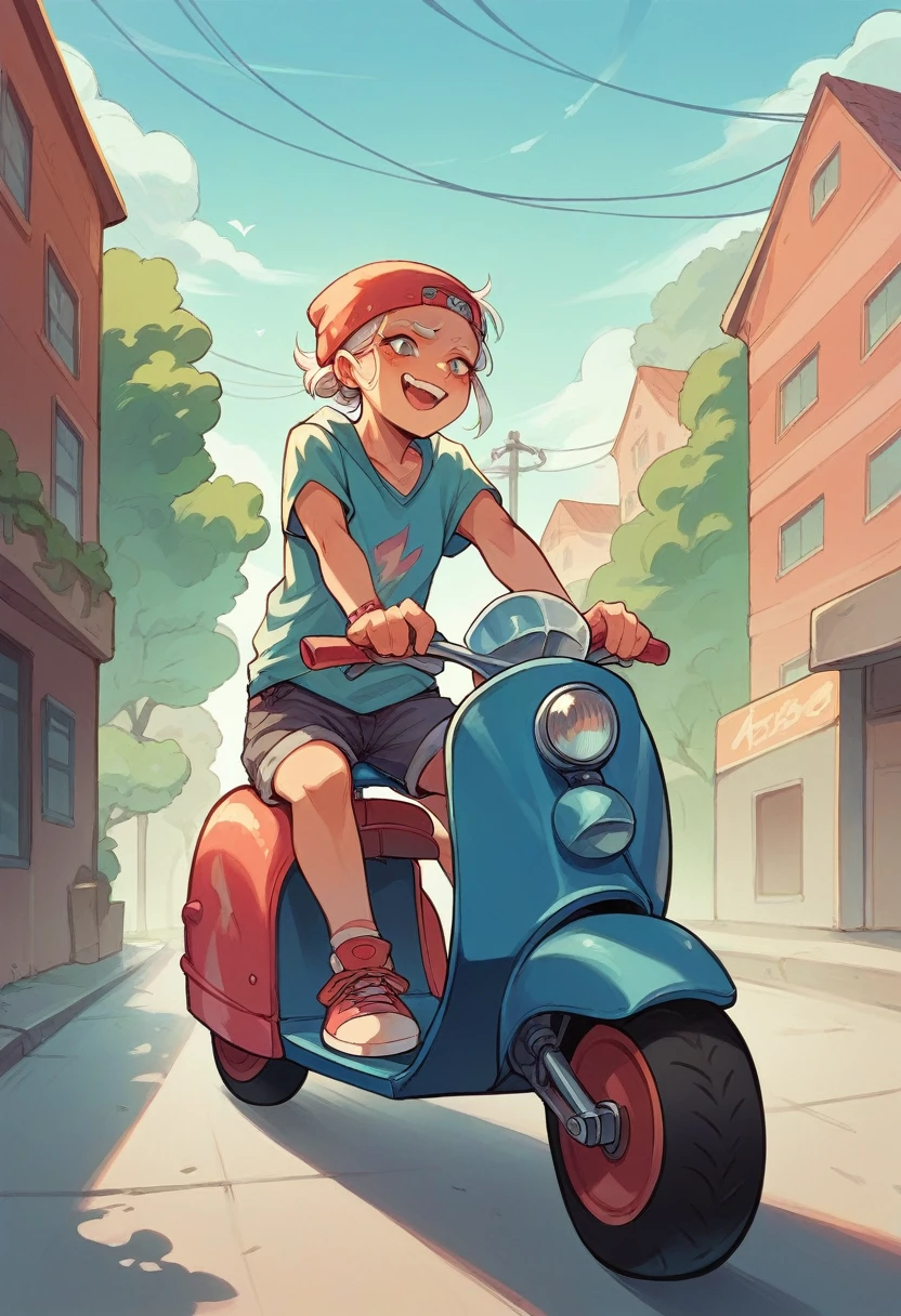 Draw a very nice old lady riding a scooter, it's not disney style to piss