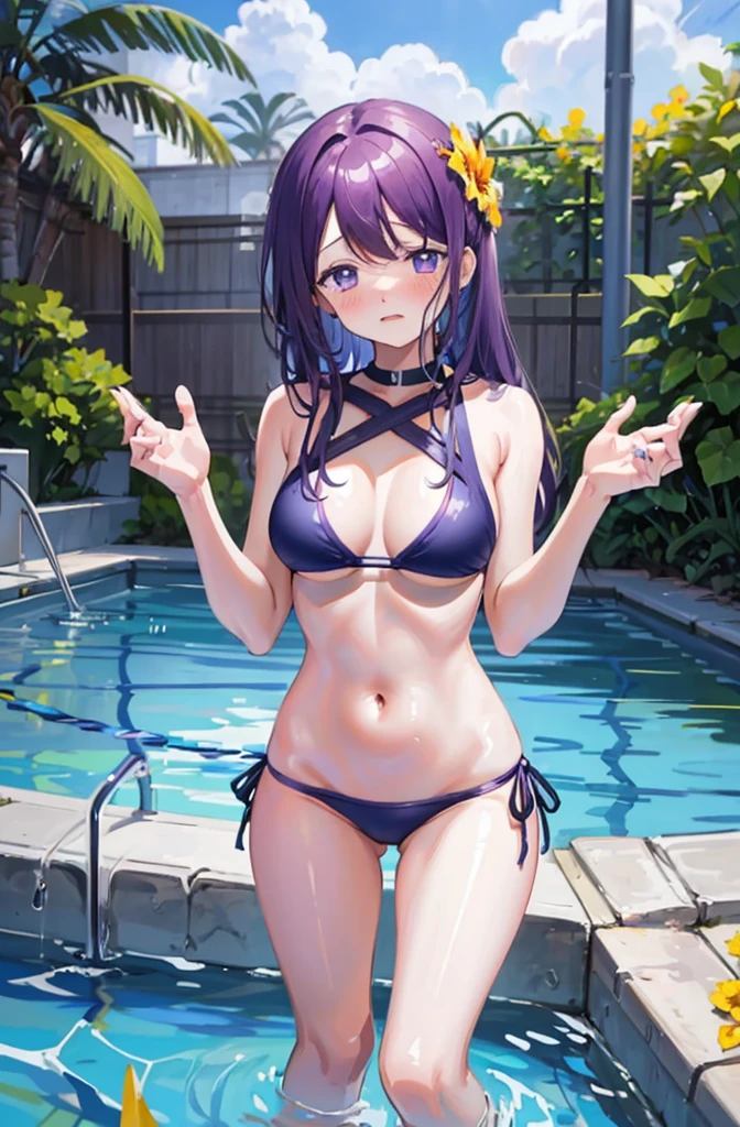 Sexy bikini、Random pose、Floral bikini、Yellow floral bikini、Light purple hair、Semi-long hair、Random pose、School swimming pool、Blushing、Embarrassed expression、、Pale purple eyes、、Blushing、lipstick、Perfect hands、Detailed hands、