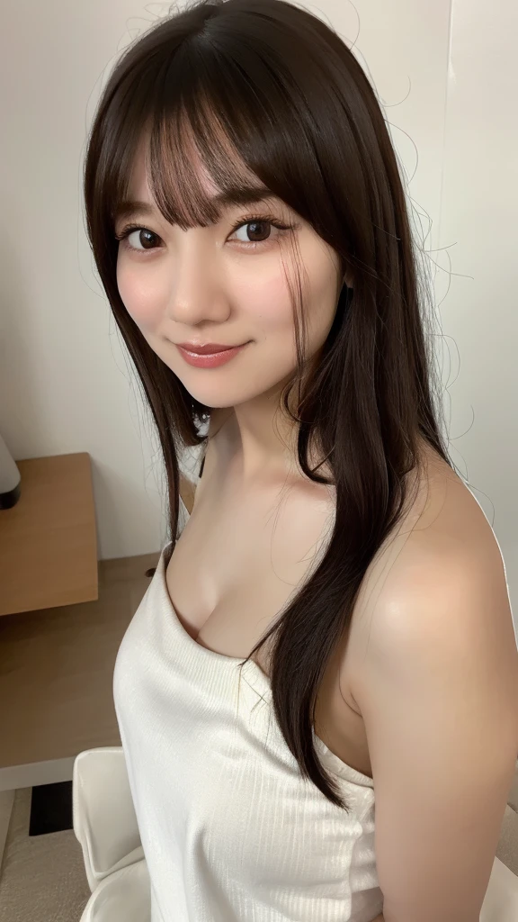 (((smile、Focus on the eyes:1.1、Extremely detailed:1.22、Ultra-high resolution、masterpiece:1.45、Highest quality)))、((((Whole body expression:1.68、camisole、Leaning forward、One person))))、long, straight black hair、So that every single hair is clearly visible、The subtle color changes of hair depending on how the light hits it、 Skin has a natural glow、Fine skin texture、Representing the fine details of pores:1.25、Details of the light redness on the forehead and cheeks、(((Eyes with fine iris details、The eyes depict color gradations and patterns.、Long, natural-looking eyelashes, each and every one visible、Well-groomed eyebrows、眉毛のindivual々The hair is clearly visible、Light reflecting off into the eye、The light in the eyes creates small highlights)))、The nose is delicate、Fine detail on the nostrils、Lips are plump and naturally pink、Depicts the fine lines and soft curves of the lips、lips are shiny and、The gloss on your lips accentuates their shape.、(((Detailed depiction of lip texture、Particular attention to the depiction of light and shadow、Soft natural light gently illuminates the face from the front、A faint glow on the forehead、A slight shine on the nose、A slight glow on the cheeks、Shadows are cast softly along the contours of the face、Accentuate the sides of your cheekbones、Accentuate the sides of the jawline、Emphasize the sides of the nose、The gloss on her lips reflects the light faintly、Lips emphasize the plump texture、The shadow of the hair gives depth and dimension、indivual々The hair shines in the light、