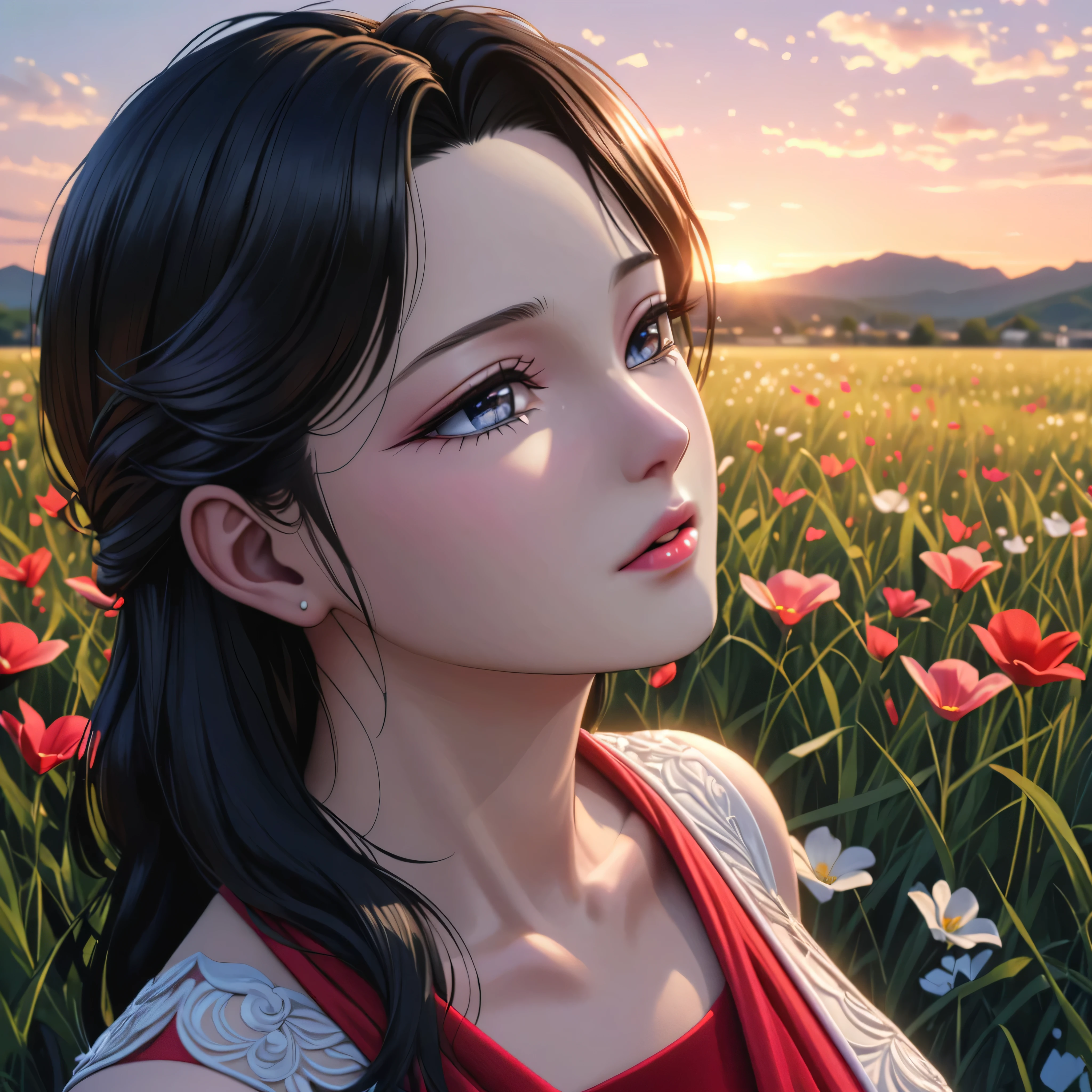 a beautiful korean idol woman, beautiful detailed eyes, beautiful detailed lips, extremely detailed eyes and face, longeyelashes, mature:1.3, sensual, seductive dress, open field of flowers, soft cinematic lighting, dusk outdoor scene, depth of field, (best quality,4k,8k,highres,masterpiece:1.2),ultra-detailed,(realistic,photorealistic,photo-realistic:1.37)