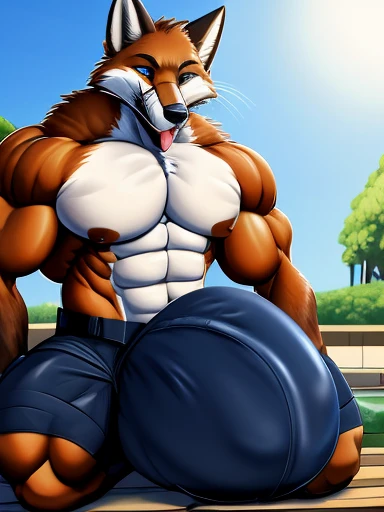there is a cartoon of a red fox, furry chest, (sfw) safe for work, pov furry art, fluffy chest, thick furry neck and chest fluff, furry brown body, furry fursona, furry body, furry art!!!, furry character, muscular werefox, furry red fox, fursona furry art commission, commission for high res, low angle,(thight blue swim short:1.5),(blue eyes),(black fox mark on muzzle:2),(muscle throught clothes),(night cruise ship pool deck),(brown forearms:1.5),(claws),(extreme muscle:1.5),(side view),(whiskers:2), (extreme huge long bulge:3.5),(thight black officer uniform:2),(embarrassed look:2),(extreme ten pack abs:2),(extreme cumming:2), (large pec:2.5),(on all fours:2),(panting:2),(extreme muscle:1.5)