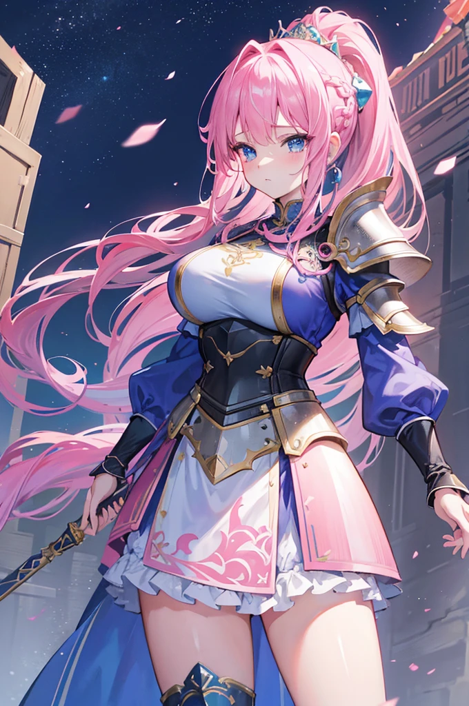 4K,high resolution,one woman,ผมpink,long ponytail,braid,blue eyes,big breasts,princess,princess騎士,knight armor,full armor,princessのティアラ,decorative ornaments,long sword,Paladin&#39;shield of,Medieval town, big breasts,Show your breasts,The cracks are clear...,((big tits))，(pubic bone), rift, visible chest, Show your breastsของคุณ, open chest,((bare breast:1.37)), I see bulging nipples.,(((large areolae:1.4,pink,The nipples are clearly visible.....)))