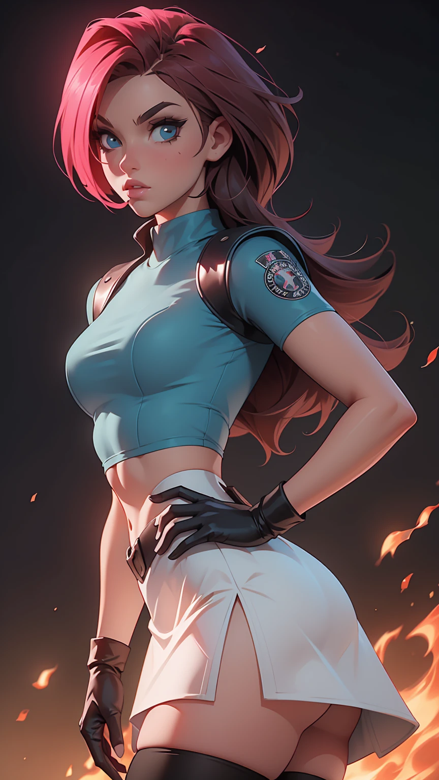 (Realisitc:1.5) woman wearing team rocket,team rocket uniform,white skirt,red letter R,crop top,black thigh-highs,black elbow gloves,