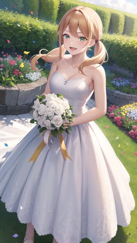 masterpiece, best quality, highres, 1girl, solo, blonde hair, low twintails, green eyes, wedding dress, strapless, smile, open mouth, holding bouquet, standing, cowboy shot, garden, confetti,