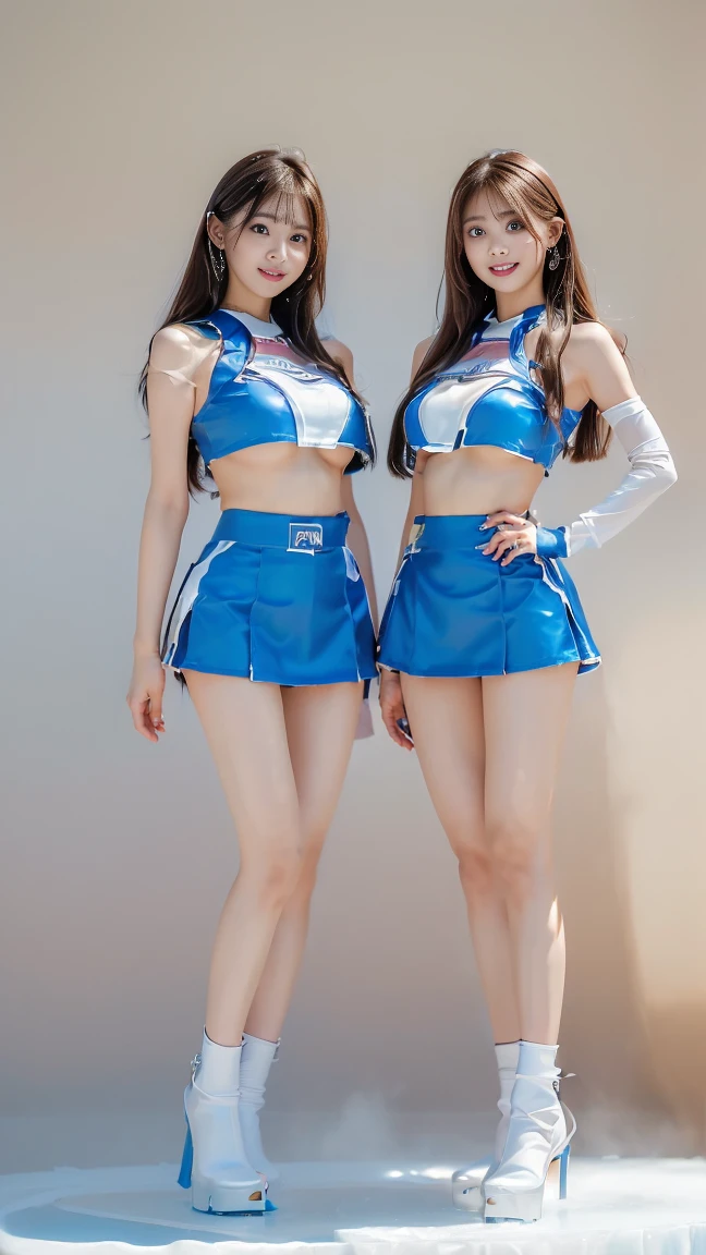 (((masterpiece,Highest quality,Ultra-high resolution))),(((極めてdetailed,超detailed,detailed))),(((Highest quality,,16K,super high quality))),((Japanese,One Girl,Idol)),(Big Breasts,H Cup,Tight waist,Tight ass,length, Thin legs),(Earrings)、(Race queen long boots with sponsor logos up to the thigh:4.0)、(((Blue metallic and white miniskirt lift))),((Race queens captivate the audience with sexy poses in front of racing cars on the special stage at the car show)),.(Two old men standing next to a woman :1.8), (Giant screen:1.8,Gorgeous Lighting,Effects of dry ice,Light),Looking into the camera,smile,Seductive gestures,