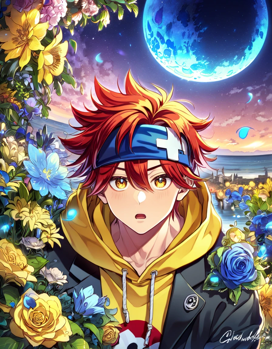 absurdres, highres, ultra detailed, HDR, master piece, Kyan Reki, red hair, expressive amber eyes, yellow hoodie, blue headband, black jacket, SK8 the infinity, sexy man, handsome, best quality, blue moon, flowers, fantasy, magical, solo, water, blue shining fireflies, blue petals,