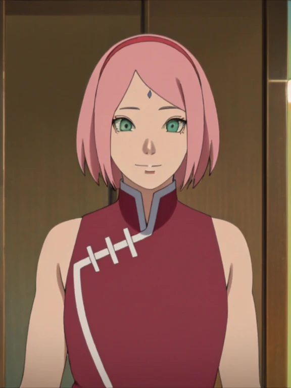 A beautiful, detailed portrait of Haruno Sakura, a girl with short pink hair and a kind smile, standing on a beach with a colorful, intricate background. She is wearing a red sleeveless dress and white pants, with a red hairband, pale skin, and a forehead mark. Her eyes are ultra-detailed and green, her hair is floating in the wind, and her arms are slightly muscular. The image has a high-quality, anime-style appearance with vibrant colors and excellent attention to detail, trending on Pixiv.