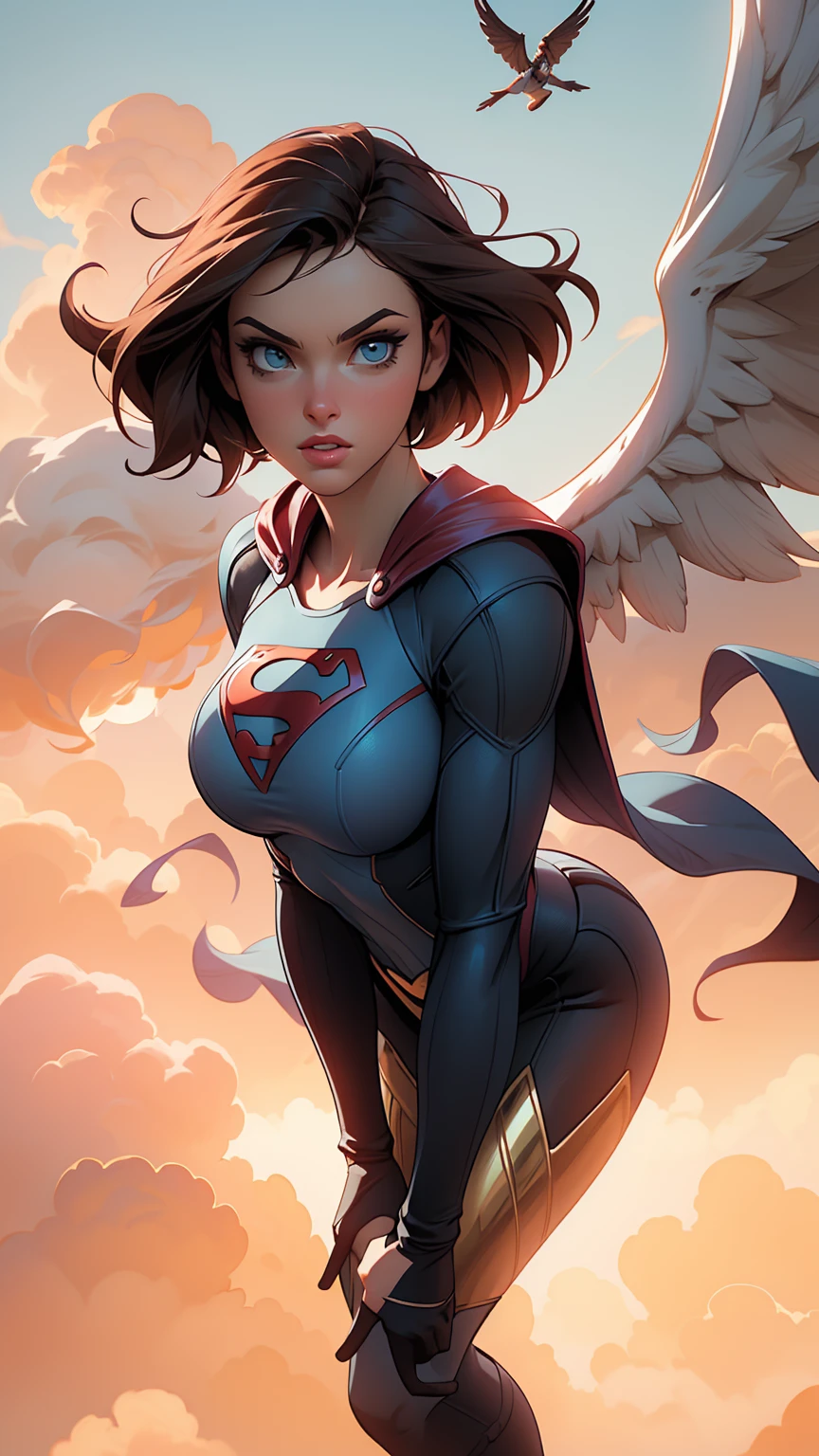 ((Masterpiece)) in the best quality, showcasing an ultra-detailed CG Unity 8K wallpaper, presents a majestic and powerful Supergirl soaring through the clouds. Her bold and confident demeanor is palpable as she flies, her cape fluttering behind her with each powerful beat of her wings. The dramatic lighting casts a warm, golden hue over her powerful aura, making her scarlet super suit and the iconic "S" emblem on her chest stand out. The scene is set against a breathtaking backdrop of a cityscape and a spectacular cloudscape, complete with billowing smoke and debris. Volumetric light adds depth and realism