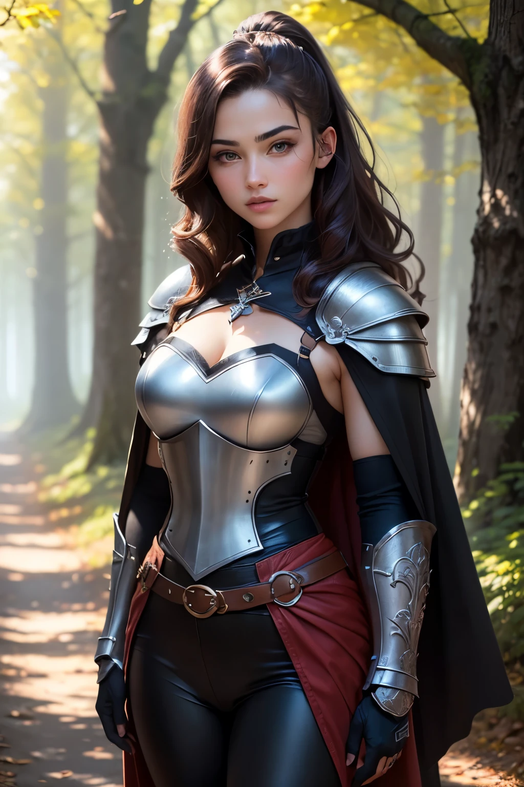 ((best quality)), ((masterpiece)), (detailed), Prize-winning works, with incredible details, maximum textures and details, uhd ,super resolution , 1 portrait of an adventurous brunette warrior fantasy girl ,beautiful face, standing on a path in a magical forest, cabelo ponytail, developing long hair, wavy, wearing medieval black armor ,black peto black , black gauntlets and gloves, black breastplate black leather,black pants, black belts ,black long cape ,fully body (15 year old young man :1.1,detailedeyes, face detailed, whole body:1.1,the background is a forest ),(best qualityer:1.2,ultra detali:1.1,realisitic:1.37) ,eyeshadows,sharp focus,swirly vibrant colors,), (twilight), 8K