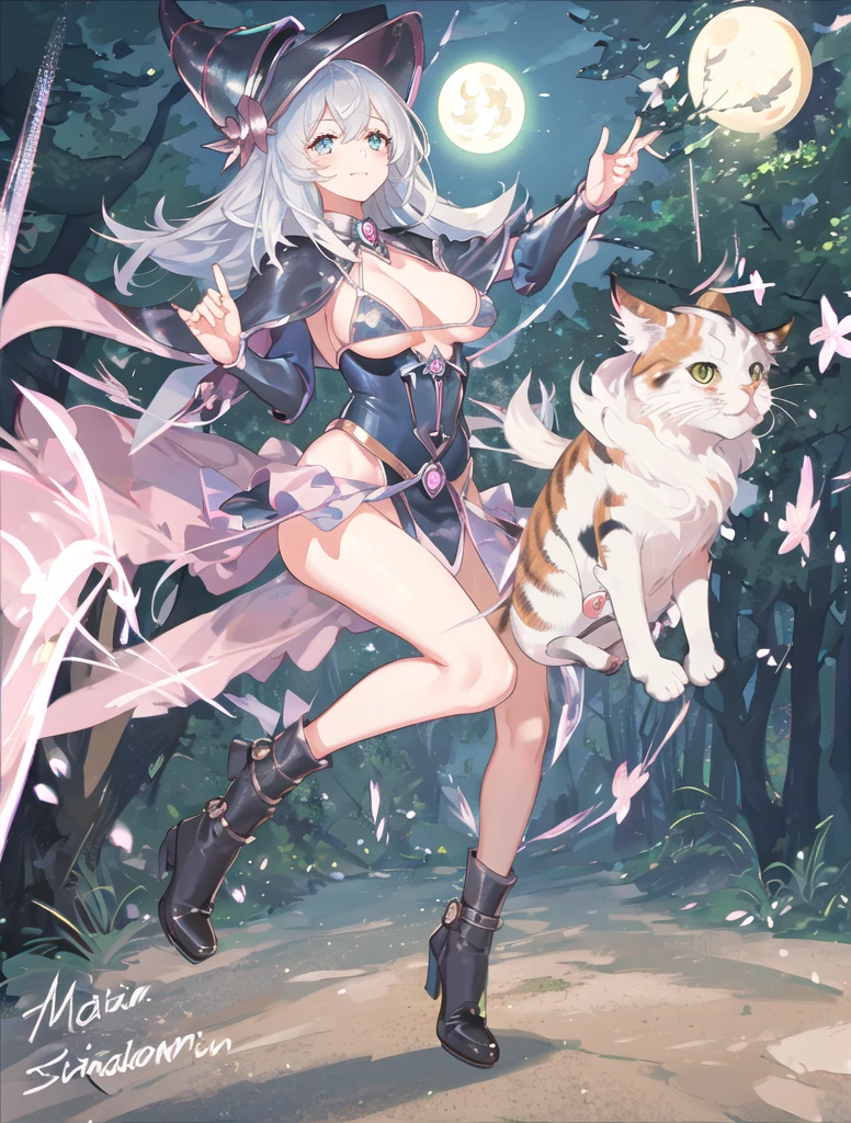 dark magician girl, mksks style, (Highly detailed background:1.0), (Highly detailed background:1.0), masterpiece, highest quality, (One girl), alone, (forest), Long Hair, bionde, Blue hat, Wizard Hat, Casting a Spell, nature, wood:1.2, Motion Blur, magic, (moonlight:1.2), chromatic aberration, Depth of written boundary, Soft lighting, Highly detailed face, Highly detailed eyes ,((highest quality)), ((masterpiece)), ((Perfect Face))、Cow print bikini、Cat ear