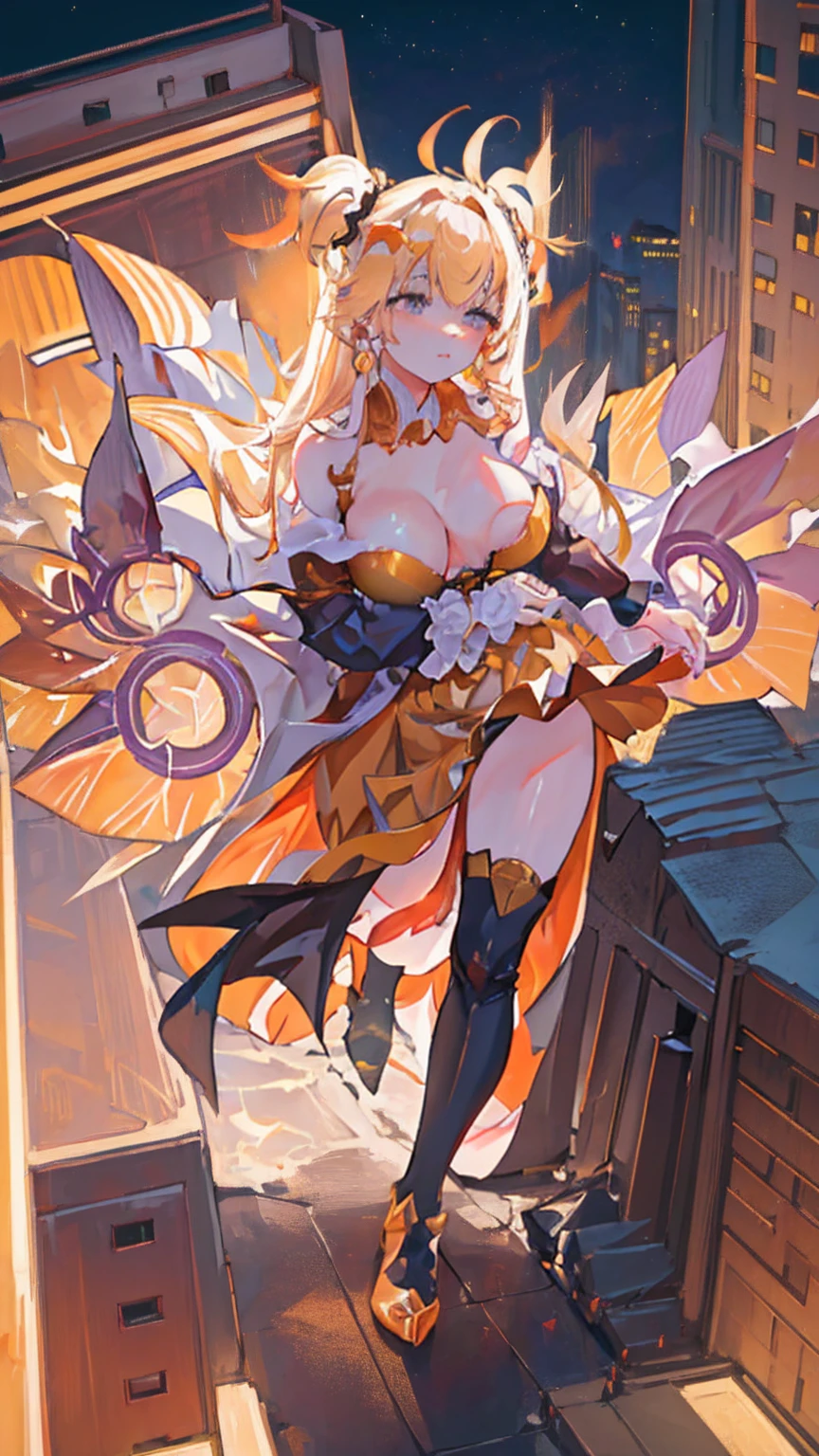 In the heart of the metropolis, the Giantess Goddess moves with predatory grace, her golden skin shimmering under the city lights. Her eyes scan the tiny humans below, a wicked smile playing on her lips. Each step she takes leaves a path of destruction, buildings crumbling and people crushed beneath her immense feet. She scoops up clusters of people, her fingers caressing them before squeezing with cruel pleasure. Their struggles against her curves send shivers of ecstasy through her body, the city's destruction an intimate dance of power and lust.