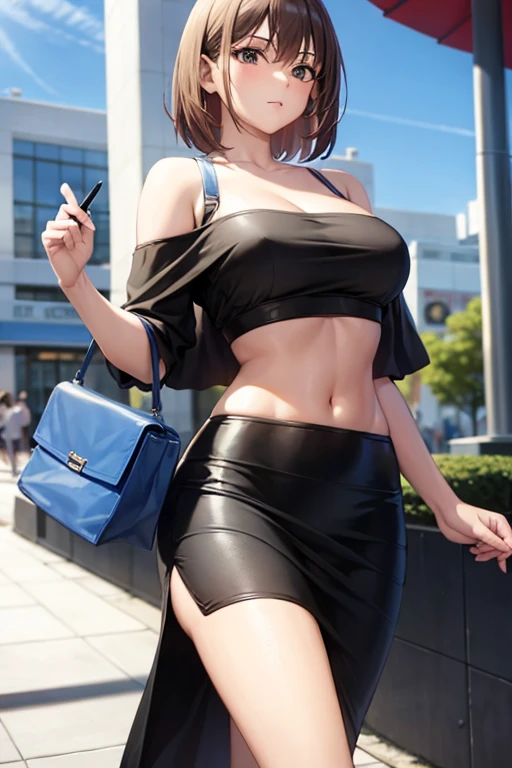 mall, walking, blue (off shoulder), (pencil skirt),1 girl in, very beautiful, woman, middle breasts, midriff, curve, shoulder bag