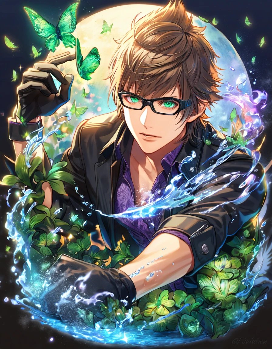 absurdres, highres, ultra detailed, HDR, master piece, best quality, extremely detailed, Ignis Scientia, brown hair, glasses with black frames, expressive green eyes, Final Fantasy XV, solo, sexy man, handsome, black jacket, purple shirt, black gloves, fantasy, magic, sparkling, water, moon, green flowers, green butterflies