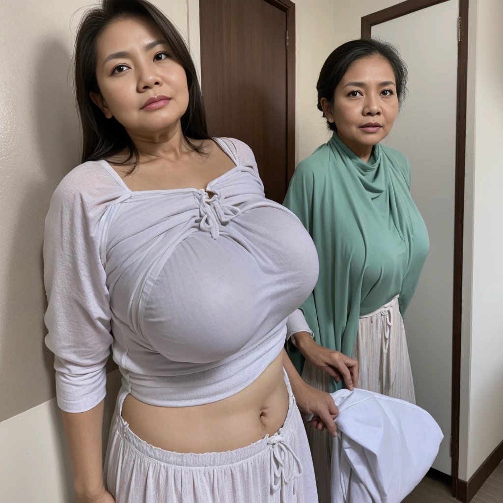 56 years Old, Indonesian mature woman, Big : 43.9, Gamis, breast about To burst out from her clothes, sagging breast at doctor office, high light, at Daytime.
