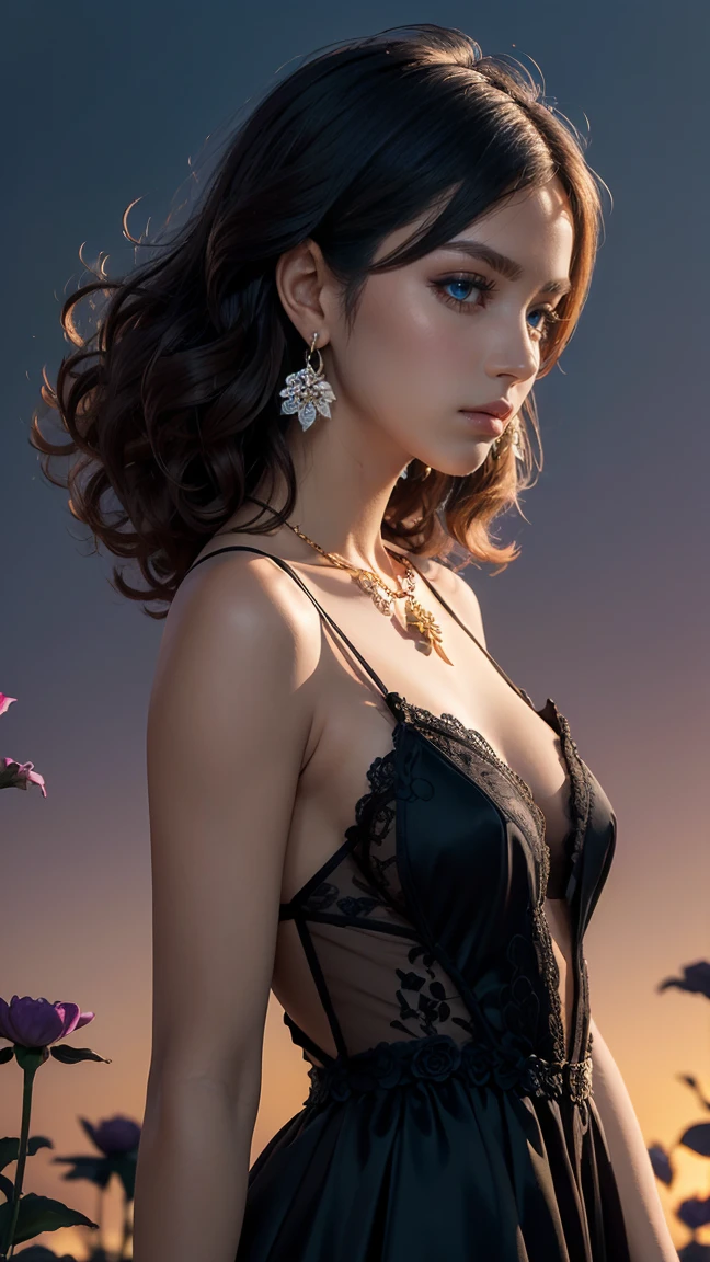 A work of art, digital oil painting in pastel tones, perfect hands, a beautiful woman, very fair, very light blue eyes, full mouth, soft face, makeup, short and curly dark hair, highlights on the sides of her face, earrings and necklace with colored stones, black satin dress, intricate and detailed black tulle floral detail, black lace stockings, exposed shoulders, (((With perfect half body))), golden hour of a sunset, backlit reflecting in the hair , ((colorful background of blurred flowers)), Nikon D7000, 35mm, speed 250sec, f11.high quality, UHD.