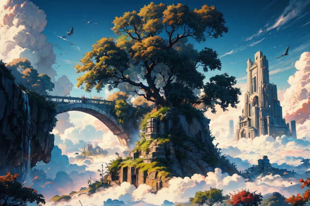 octane render,8K resolution concept art, realism,by Mappa studios,masterpiece,best quality,official art,illustration,ligne claire,(cool_color),perfect composition,absurdres, fantasy,focused,(in the air),(above the cloud:1.4),(finely detailed ancient lost_city:1.3),(lost_city towering above the clouds:1.2),epic,(focus_girl:1.4),(girl in city peak of Broken bridge), sitting on the verge of that bridge looking at the far horizons,rule of thirds,anime_face,fine-tuning face, detailed eyes,cute face,black hair, finely detailed fantasy traveler clothes,calm expression ,overhead_viewer,wind blow at viewer,fantastic plant,book,(Giant World Tree),motion,(depth_of_field), extension image, view from above