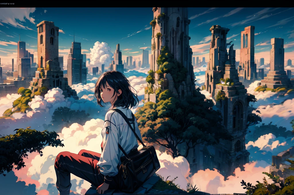 octane render,8K resolution concept art, realism,by Mappa studios,masterpiece,best quality,official art,illustration,ligne claire,(cool_color),perfect composition,absurdres, fantasy,focused,(in the air),(above the cloud:1.4),(finely detailed ancient lost_city:1.3),(lost_city towering above the clouds:1.2),epic,(focus_girl:1.4),(girl in city peak of Broken bridge), sitting on the verge of that bridge looking at the far horizons,rule of thirds,anime_face,fine-tuning face, detailed eyes,cute face,black hair, finely detailed fantasy traveler clothes,calm expression ,overhead_viewer,wind blow at viewer,fantastic plant,book,(Giant World Tree),motion,(depth_of_field), extension image, view from above