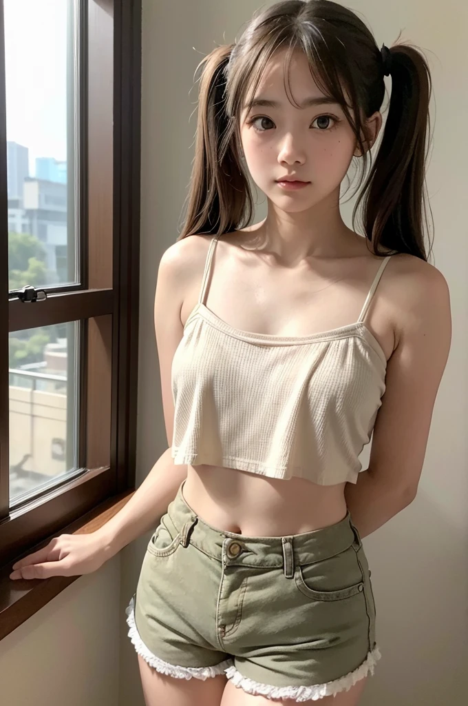 (masterpiece, Highest quality, 8K, High resolution),(Realistic skin texture, Perfect Face, Realistic, Perfect hands, Perfect finger count, Japanese, Girl), (), Big Eyes, Brown eyes, Light brown hair, bangs, Twin tails, Big hair ribbon, Small face, Bad mood, ((camisole, Low-rise shorts)), Are standing, Cute pose, High floors, Window