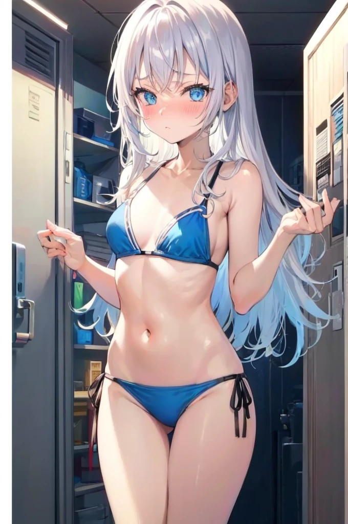 エロいBikini、Random pose、Adult bikini、Wet、Silver Hair、Pale blue eyes、Semi-long hair、学校のlocker room、locker room、Blushing、Embarrassed、Bikini、