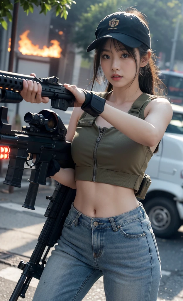 (8K, RAW photos, best quality, high resolution，Ultra-clear details，masterpiece:1.2),(Practical, Practicalな写真:1.4),(Highly detailed CG Unity 8K wallpaper),(Round Face: 1.5), (Fine pupils:1.3),(Cold eyes:1.1),(Unforgettable eyes:1.1),(You have beautiful eyes:1.1),
24 years old, Korean woman, Delicate and beautiful face、Sexy，Bronze skin, You are wearing clothes.s. Hold an assault rifle in both hands，Marines,Bulletproof vest、Backpack、heavy equipment、 Battles on the battlefield, Strong muscles, World War, Modern war themes,Army girl, running、Assault rifle with precise details, (Hold on to your rifle.: 1.3), (Aim and hold the rifle.: 1.3), Shootout, , Baseball cap, car on fire, War Zone,, explode, Burning City, cigarette, Broken Tower, belly button, Gloves, Torn pants, A face stained with mud and blood, Sweating of the skin, Bloody Skin, muddy skin, Declaration of determination, Accurate expression, best quality, 超high resolution, Practicalな, 、Physically Based Rendering(Physically Based Rendering(Physically Based Rendering)), light, complicated, Feeling,像一样柔和的light, Pleasant tone, Battlefield Background, city war background, Practical, Cowboy shooting, Dynamic Angle,, Mahindra Thar, electric wire, 8K!!, 偉大なmasterpiece,, Production: Tom Karafik、Impressive pose